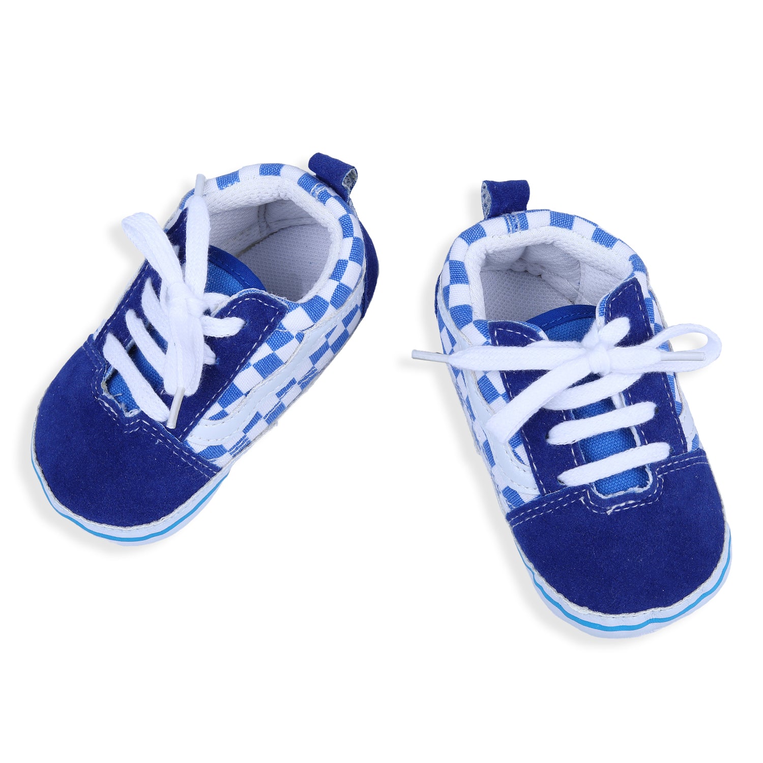 Baby Moo Checkered Lace-Up Casual Soft Sole Anti-Slip Sneaker Booties - Blue