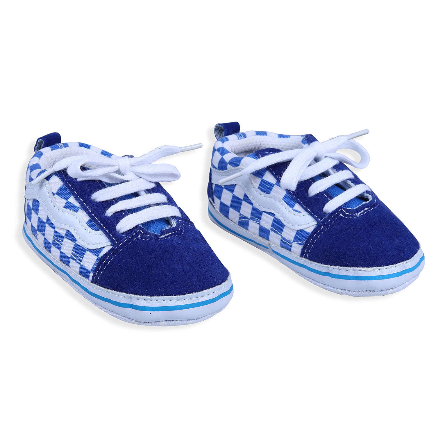 Baby Moo Checkered Lace-Up Casual Soft Sole Anti-Slip Sneaker Booties - Blue