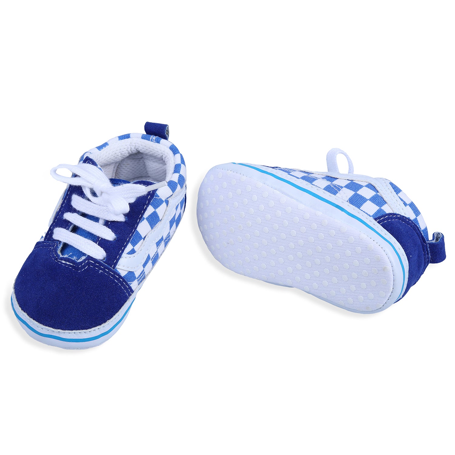 Baby Moo Checkered Lace-Up Casual Soft Sole Anti-Slip Sneaker Booties - Blue