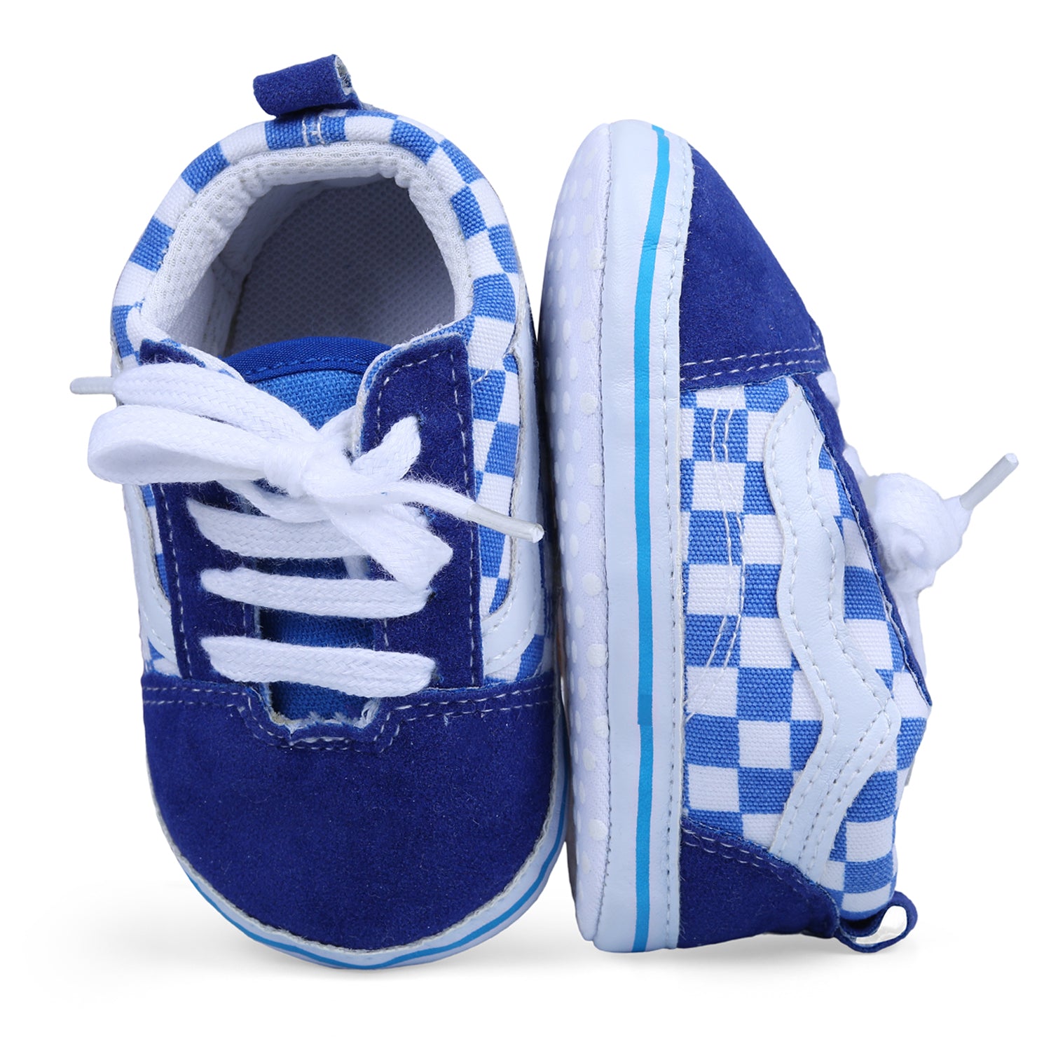 Baby Moo Checkered Lace-Up Casual Soft Sole Anti-Slip Sneaker Booties - Blue