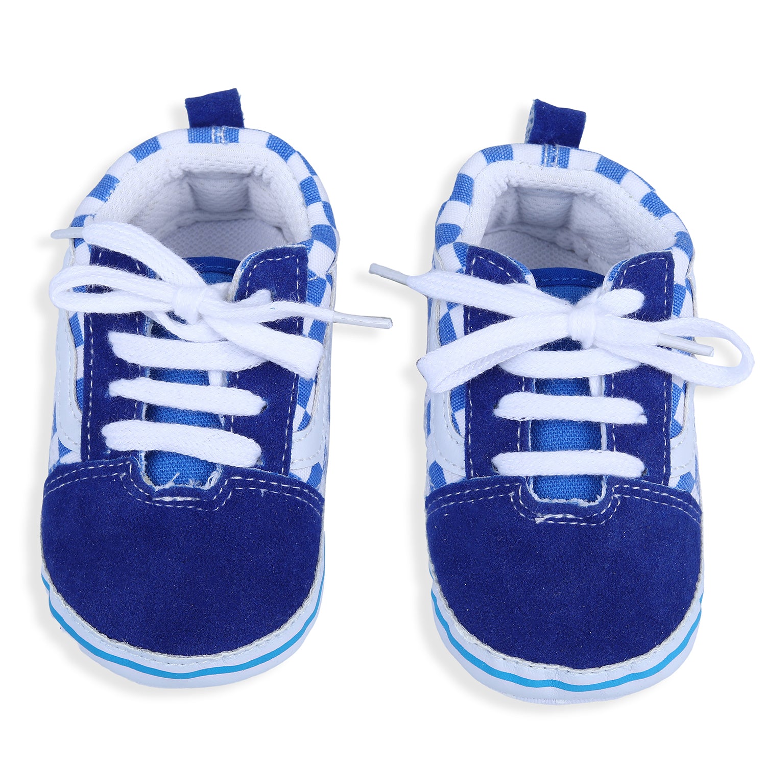 Baby Moo Checkered Lace-Up Casual Soft Sole Anti-Slip Sneaker Booties - Blue