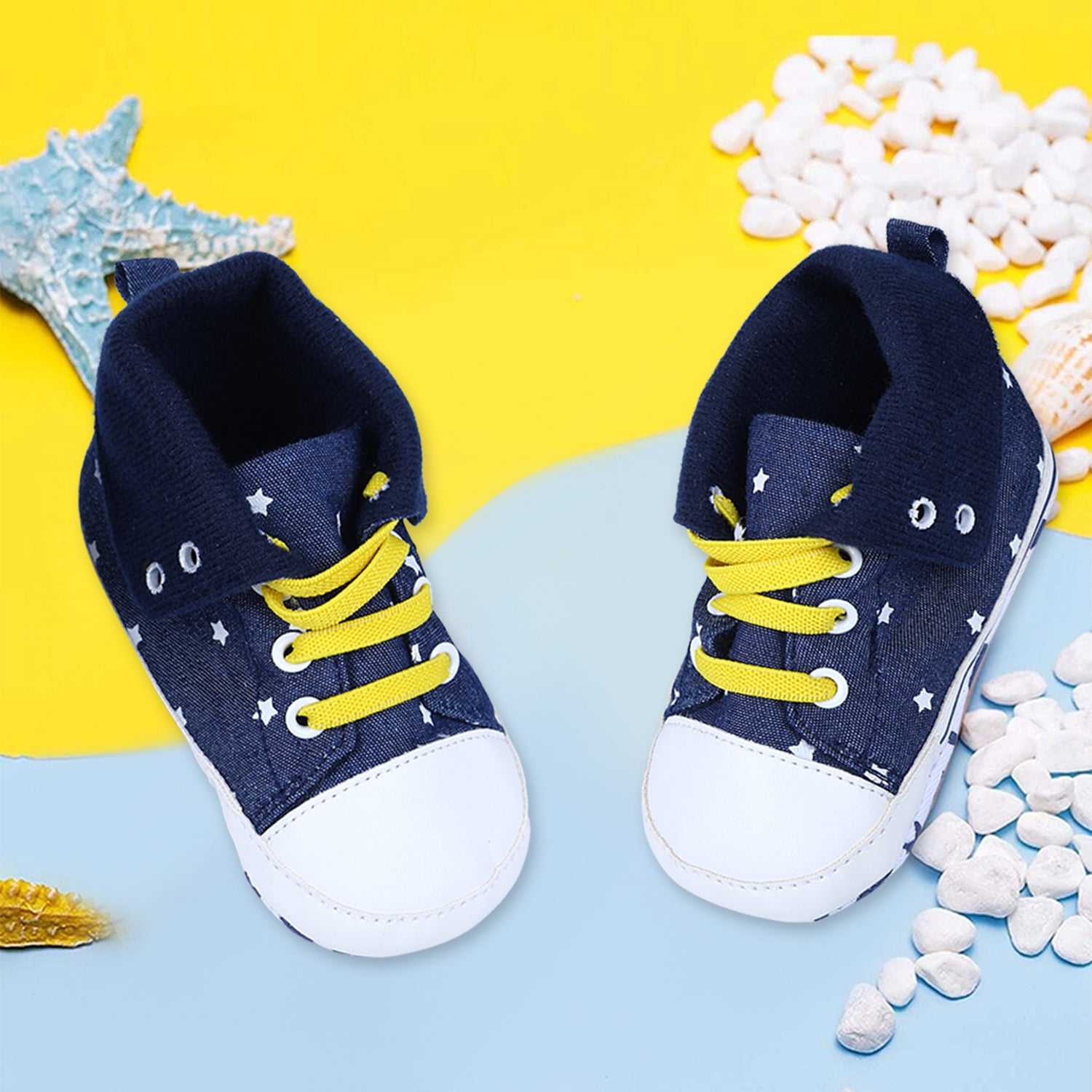 Baby Moo Star High Top Foldable Denim Casual Sneaker Booties - Blue