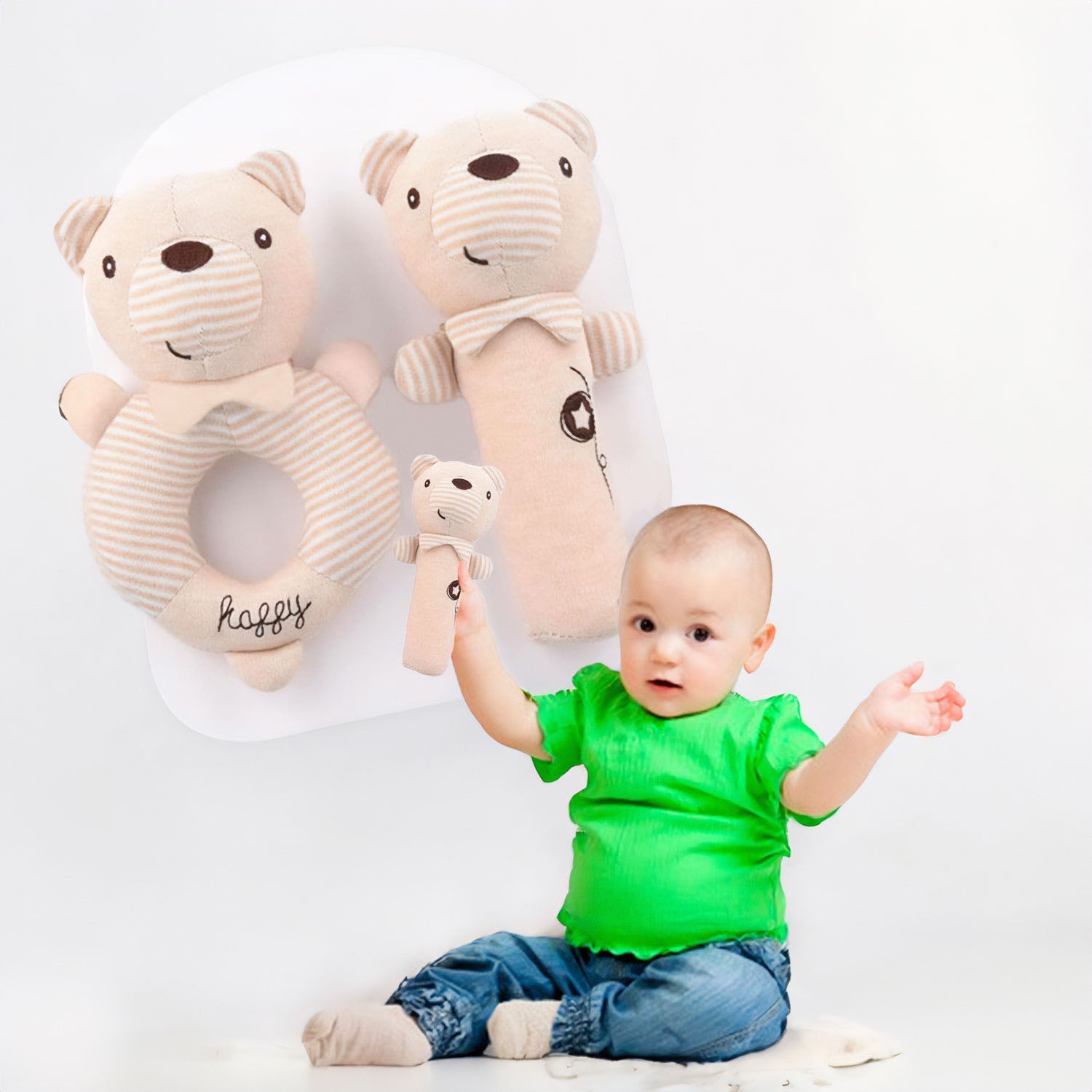 Baby Moo Snuggly Bear 2 Pack Squeaker Handheld Rattle Toy - Beige