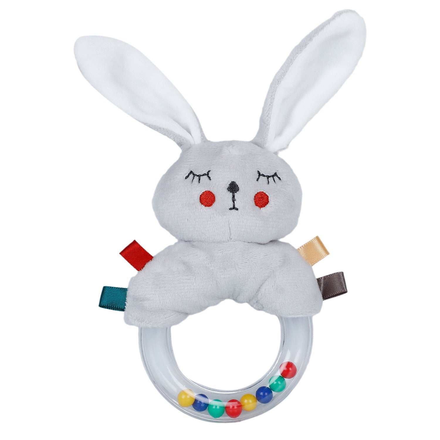 Baby Moo Sleepy Bunny Sensory Hand Grab Developmental Plush Handheld Ring Rattle Toy - Grey