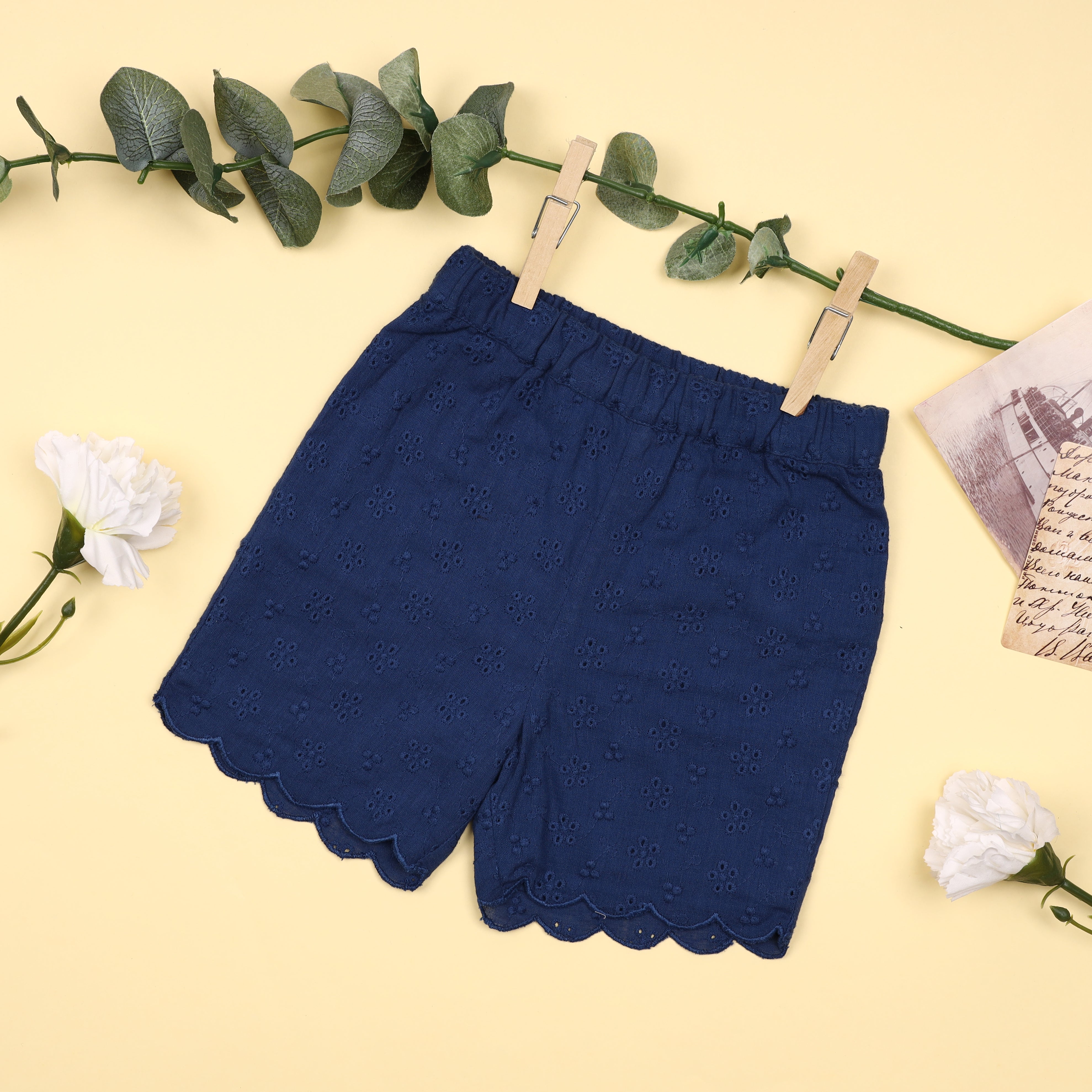 Blue Schiffli Floral Shorts (3-24M)