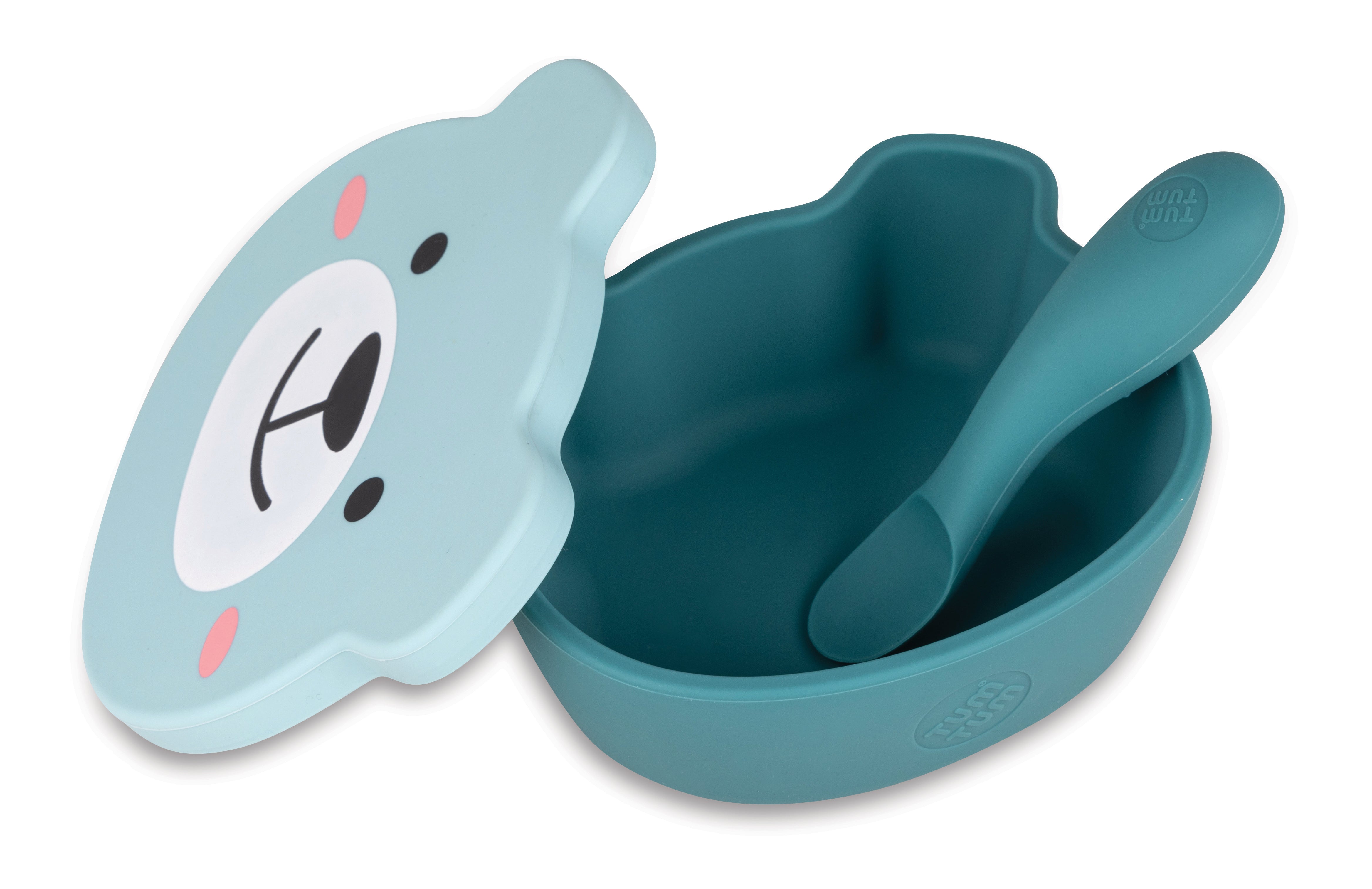 TUM TUM Baby & Toddler Stay Put Suction Bowl With Lid & Spoon, Stay Put Silicone Weaning Bowl & Spoon, First Feeding, Baby Led Weaning, 6m+, Boris Bear, Blue