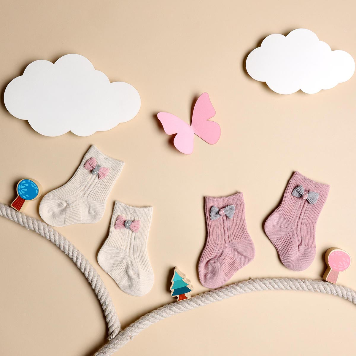 Bows & Toes Cream & Pink Socks - 2 pack (0-12M)