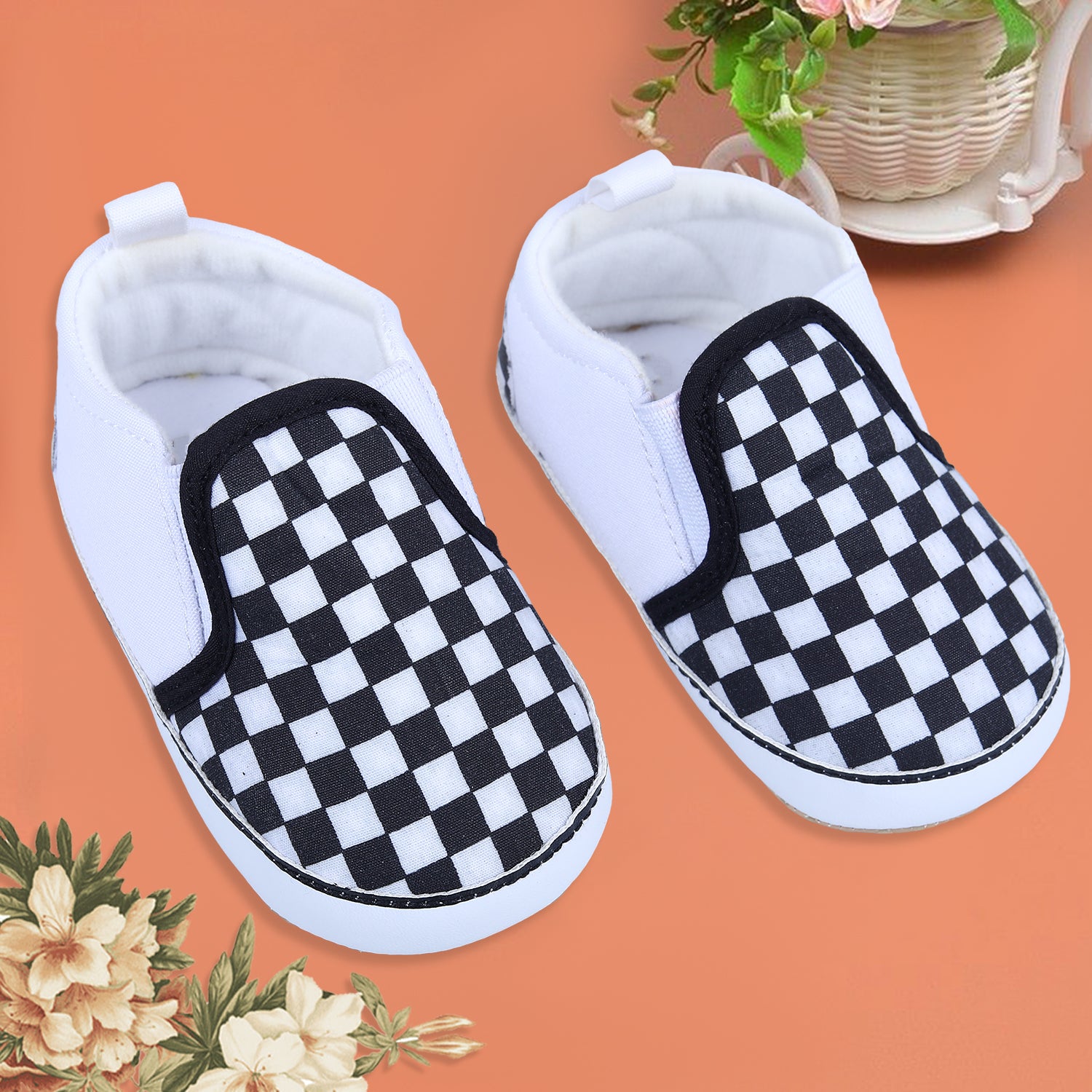 Baby Moo Classic Checkerboard Signature Comfortable Slip-On Booties - Black And White