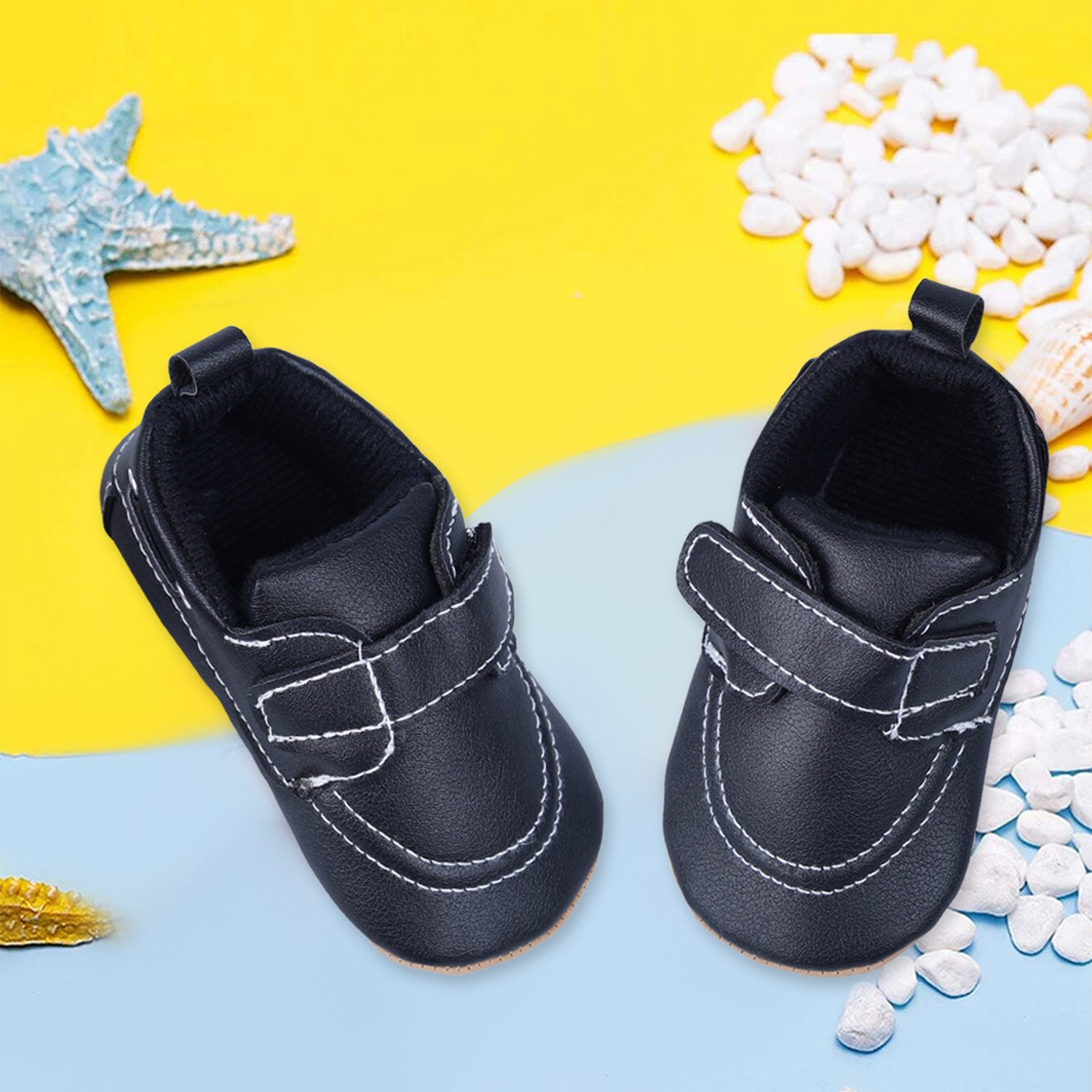 Baby Moo Solid Hookloop Stylish Leather Velcro Shoes - Black