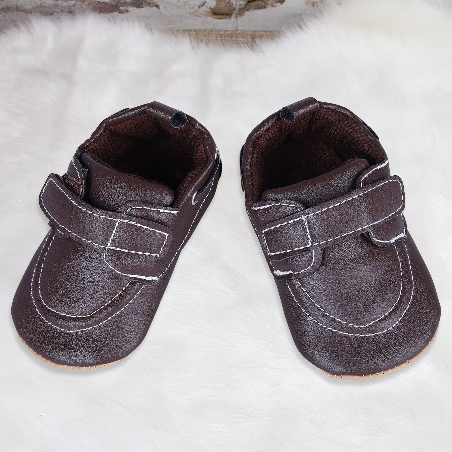 Baby Moo Solid Hookloop Stylish Leather Velcro Shoes - Brown