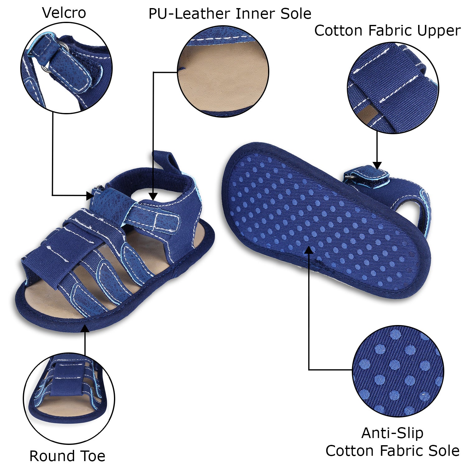 Baby Moo Velcro Hook-Loop Infant Premium Anti-Slip Sandal Booties - Blue