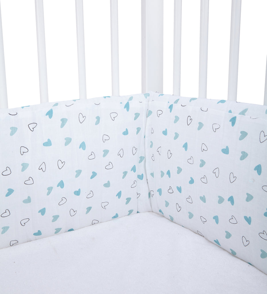 The White Cradle Baby Safe Cot Bumper Pad - Blue Hearts