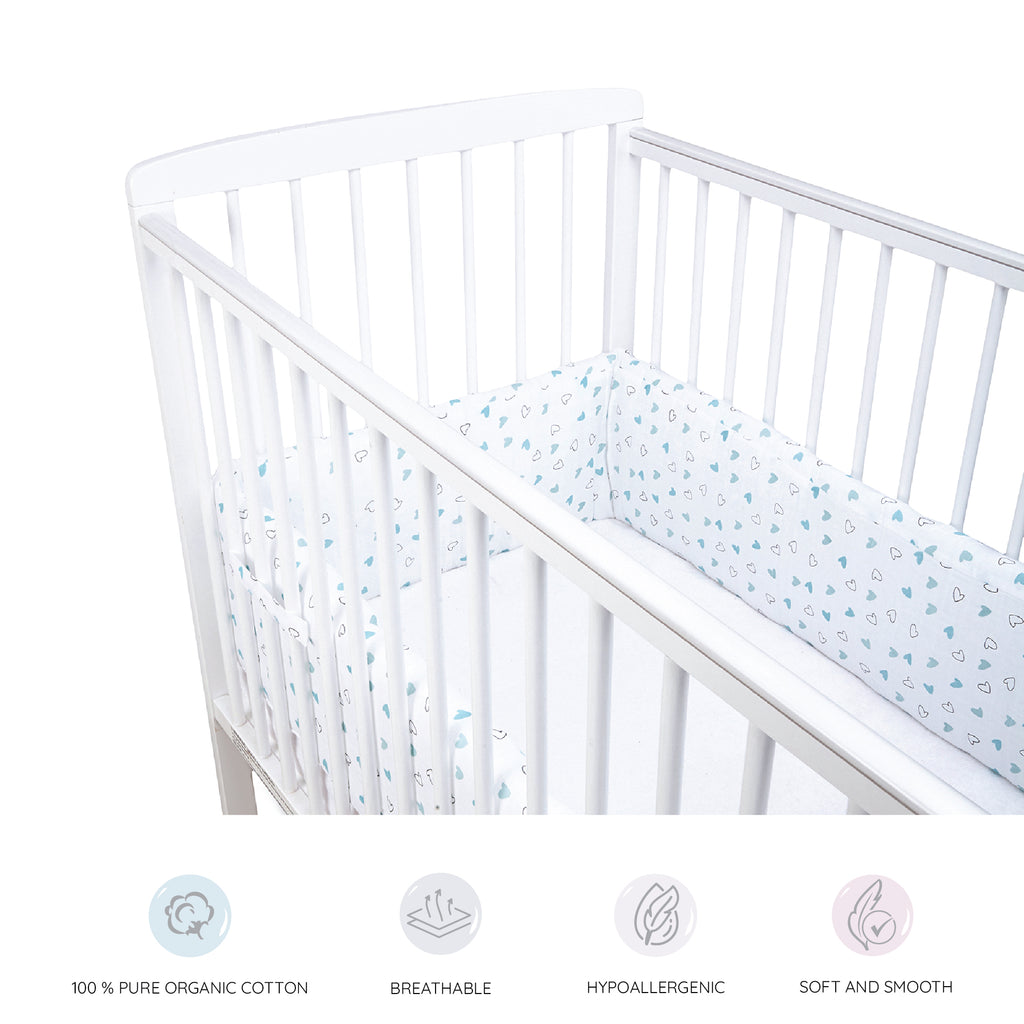 The White Cradle Baby Safe Cot Bumper Pad - Blue Hearts