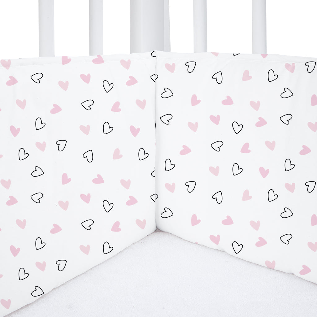 The White Cradle Baby Safe Cot Bumper Pad, Fits all Standard Cribs, Thick Padded Protective Liner for Child Nursery Bed, Soft Organic Cotton Fabric, Breathable, Non-Allergenic - Twill Pink Hearts