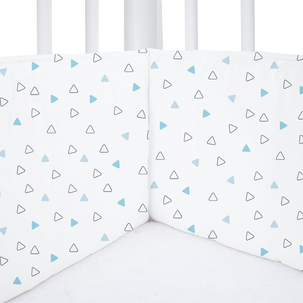 The White Cradle Baby Safe Cot Bumper Pad, Fits all Standard Cribs, Thick Padded Protective Liner for Child Nursery Bed, Soft Organic Cotton Fabric, Breathable, Non-Allergenic - Twill Blue Triangle