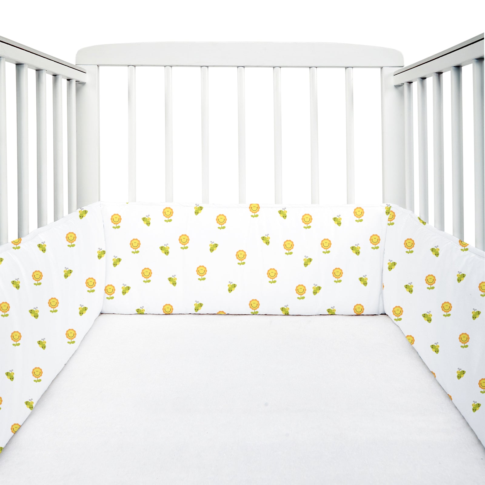 The White Cradle Baby Safe Cot Bumper Pad, Fits all Standard Cribs, Thick Padded Protective Liner for Child Nursery Bed, Soft Organic Cotton Fabric, Breathable, Non-Allergenic - Flower with Bee