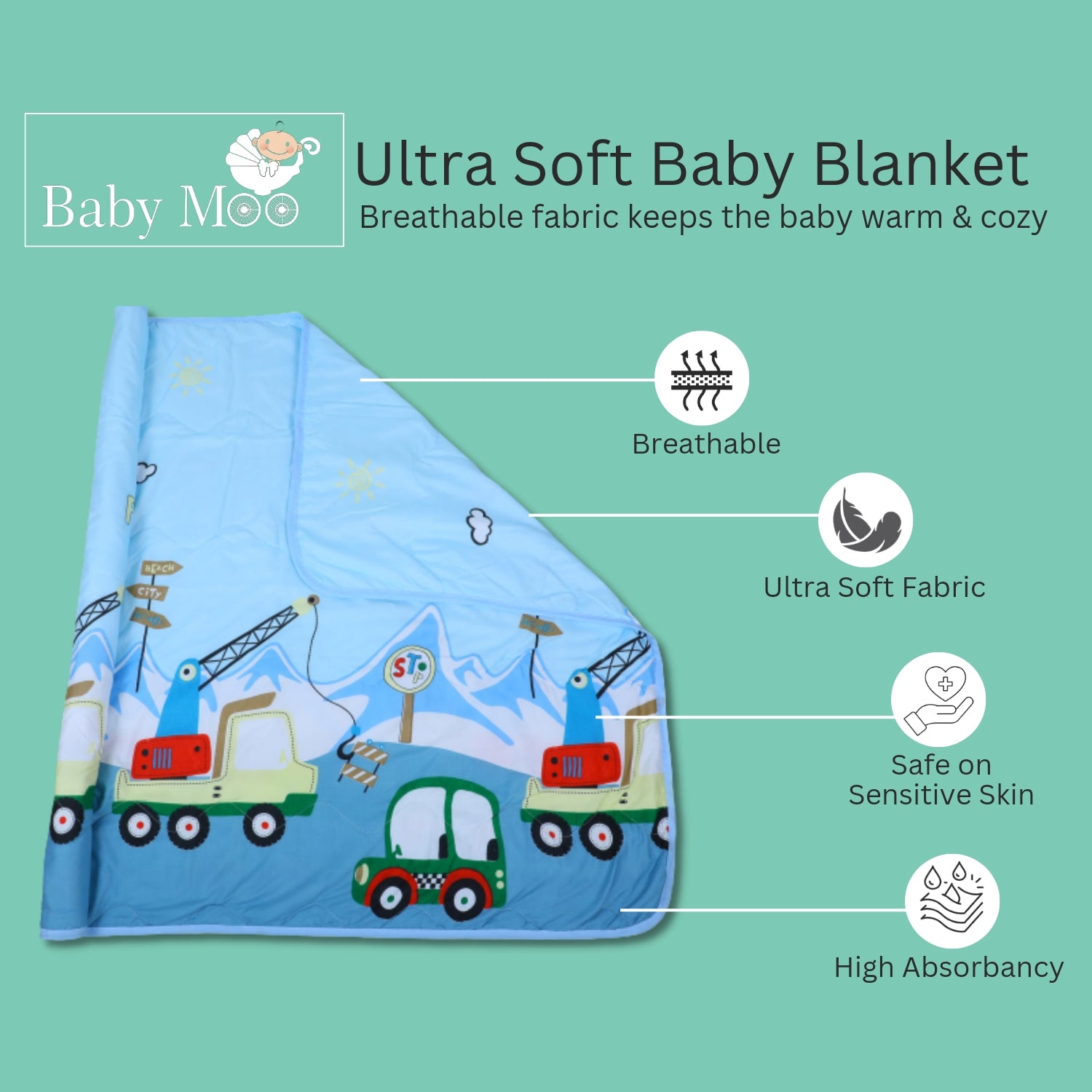 Baby Moo Farm Construction Soft Quilted Premium Reversible Blanket - Blue