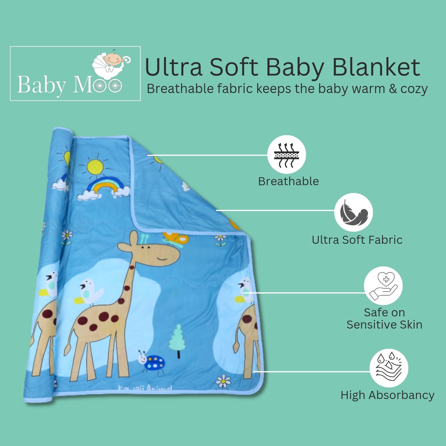 Baby Moo Sunny Day With Giraffe Soft Quilted Premium Reversible Blanket - Blue