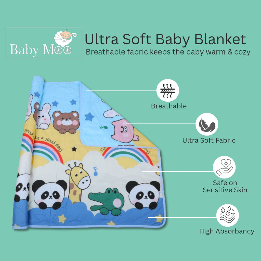 Baby Moo Rainbows And Animals Soft Quilted Premium Reversible Blanket - Multicolour