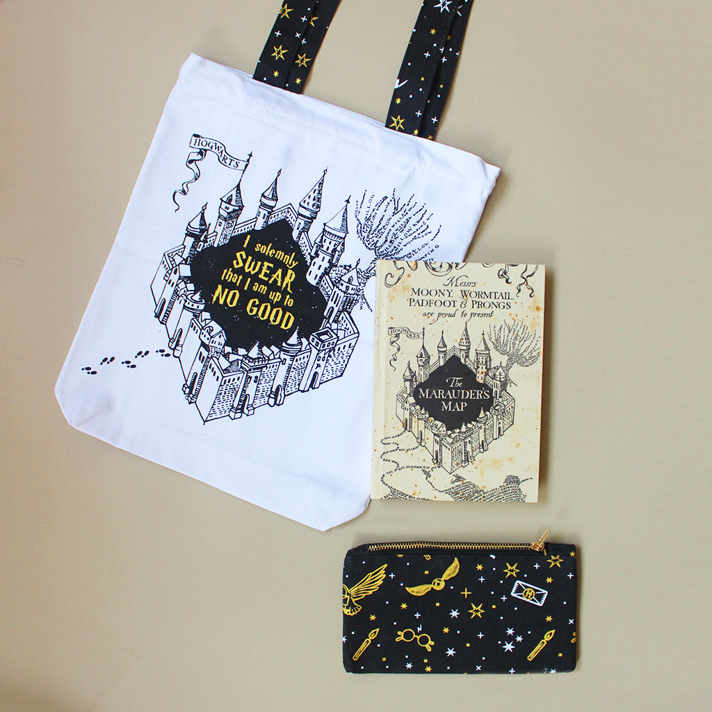 Official Harry Potter Marauders Themed Curated Gift Hamper - Set of Matching Notebook, Tote Bag & Pouch