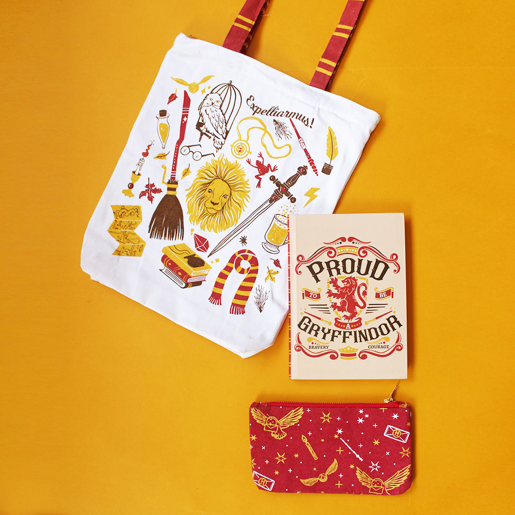 Official Harry Potter Gryffindor House Themed Curated Gift Hamper - Set of Matching Notebook, Tote Bag & Pouch