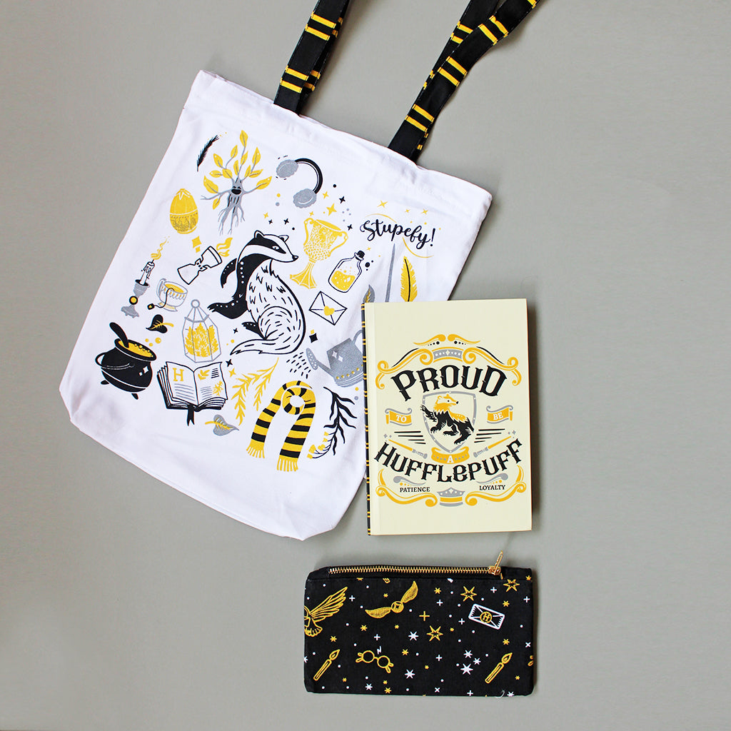 Official Harry Potter Hufflepuff House Themed Curated Gift Hamper - Set of Matching Notebook, Tote Bag & Pouch