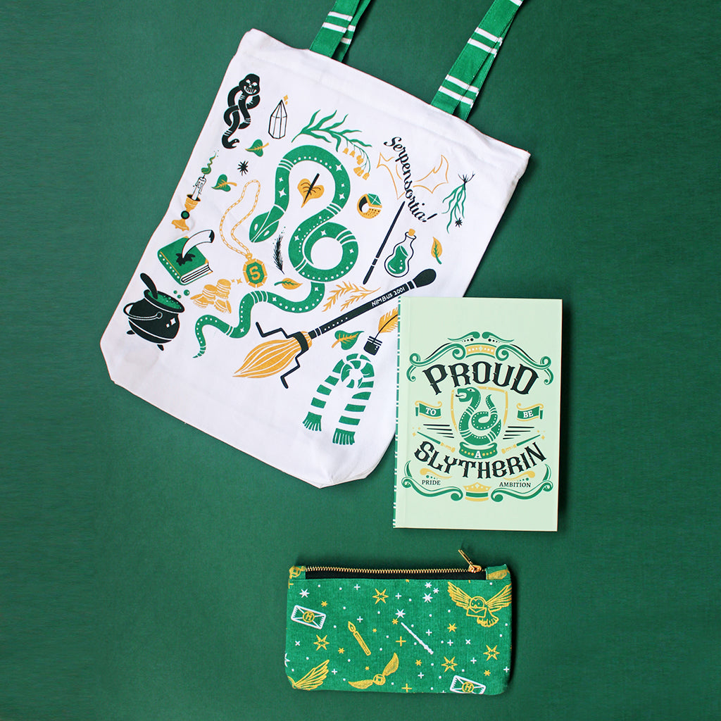 Official Harry Potter Slytherin House Themed Curated Gift Hamper - Set of Matching Notebook, Tote Bag & Pouch