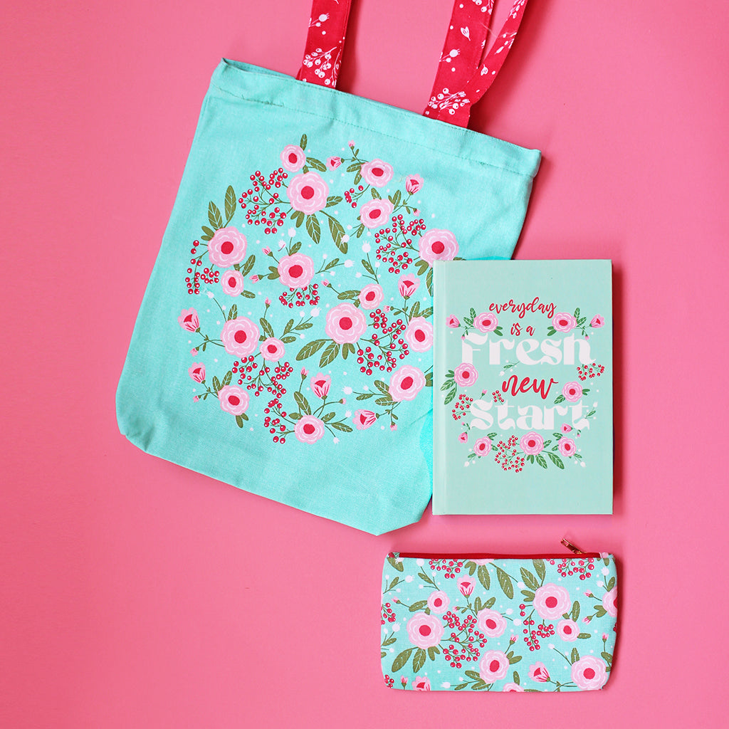 Green Springflower Themed Curated Gift Hamper - Set of Matching Notebook, Tote Bag & Pouch