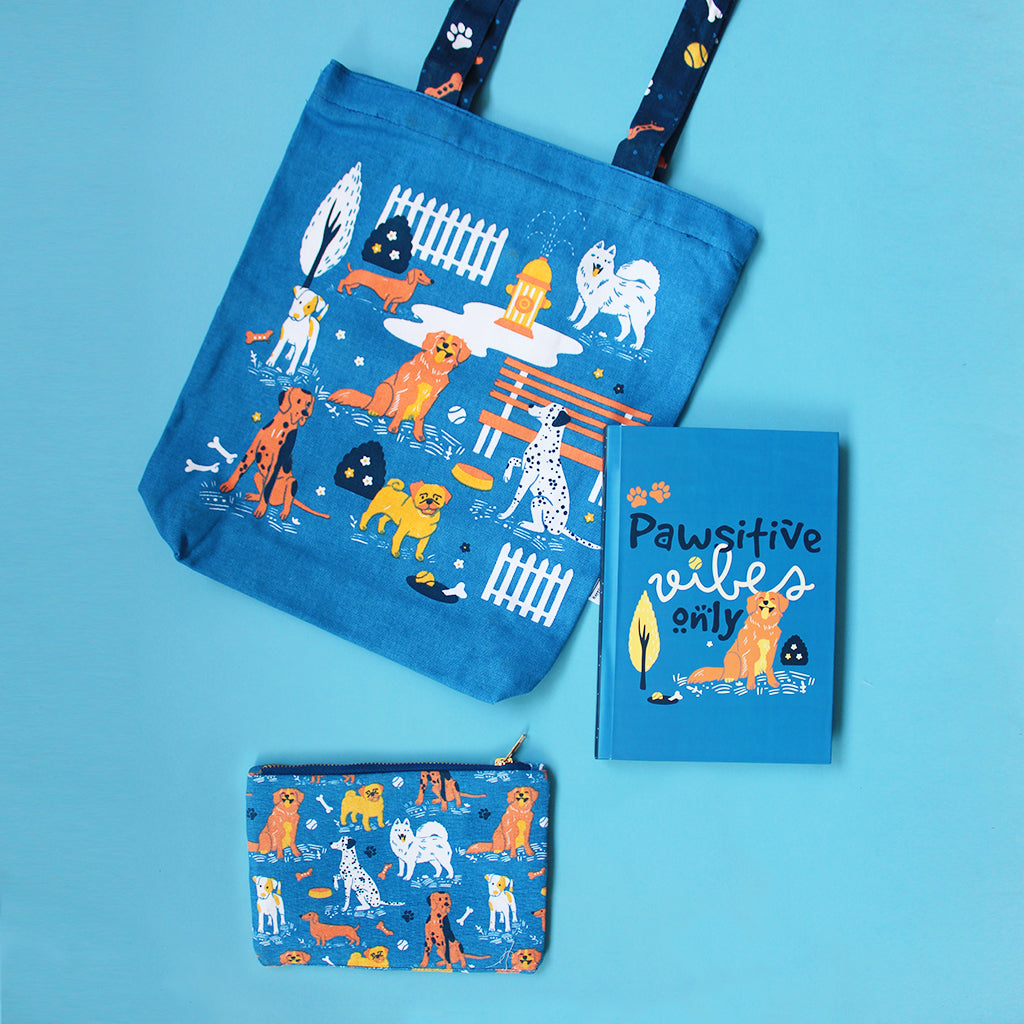 PAWsitive Vibes Dog Themed Curated Gift Hamper - Set of Matching Notebook, Tote Bag & Pouch