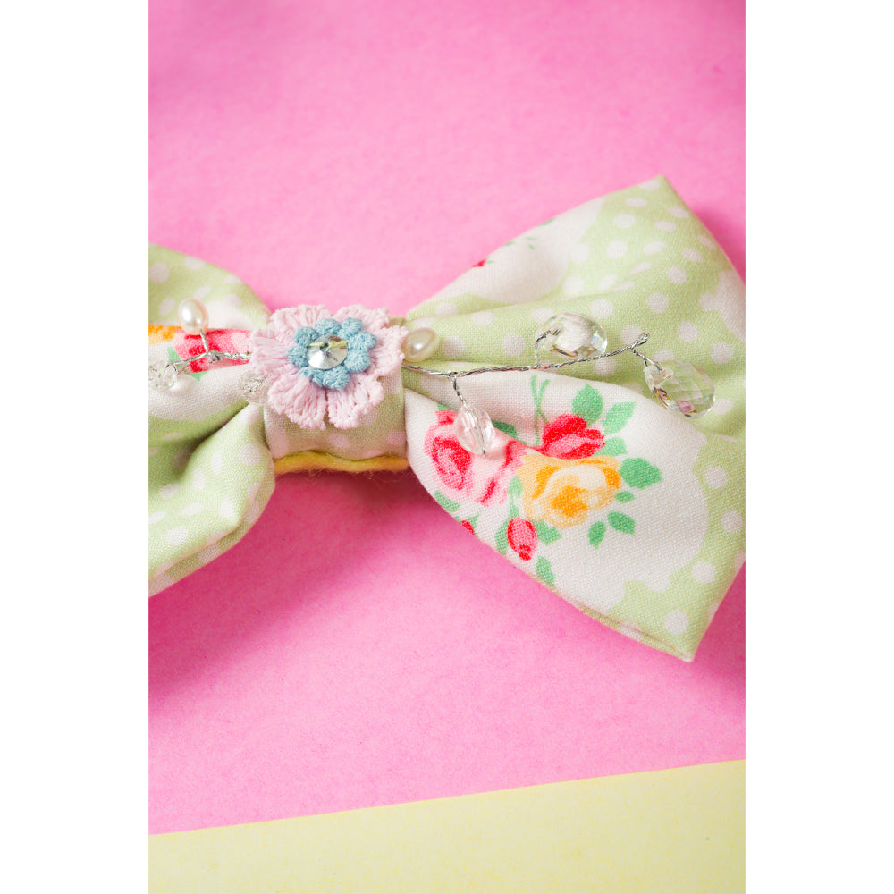 CHOKO Polka Dot Print Floral Work Bow Hair Clip - Green