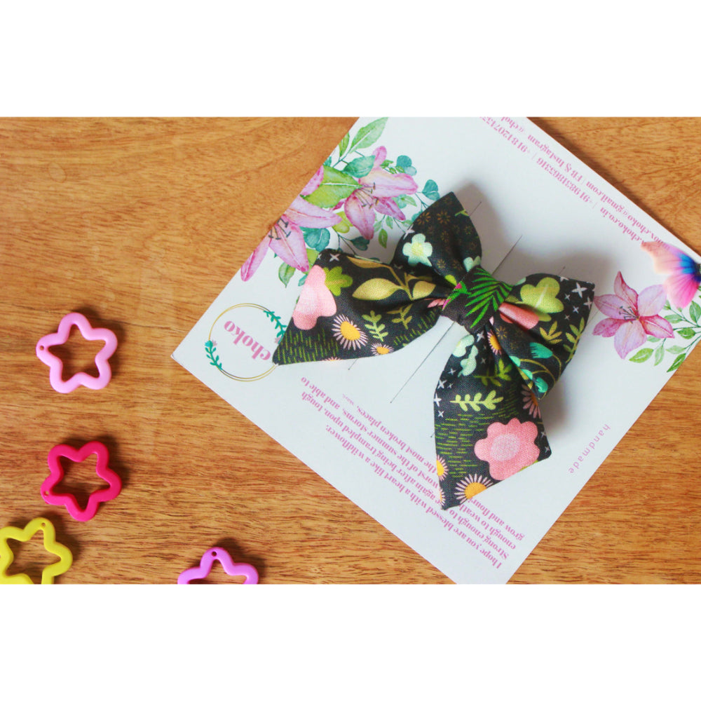 CHOKO Pack Of 3 Flower Print Bow Hairclip - Black Brown Green