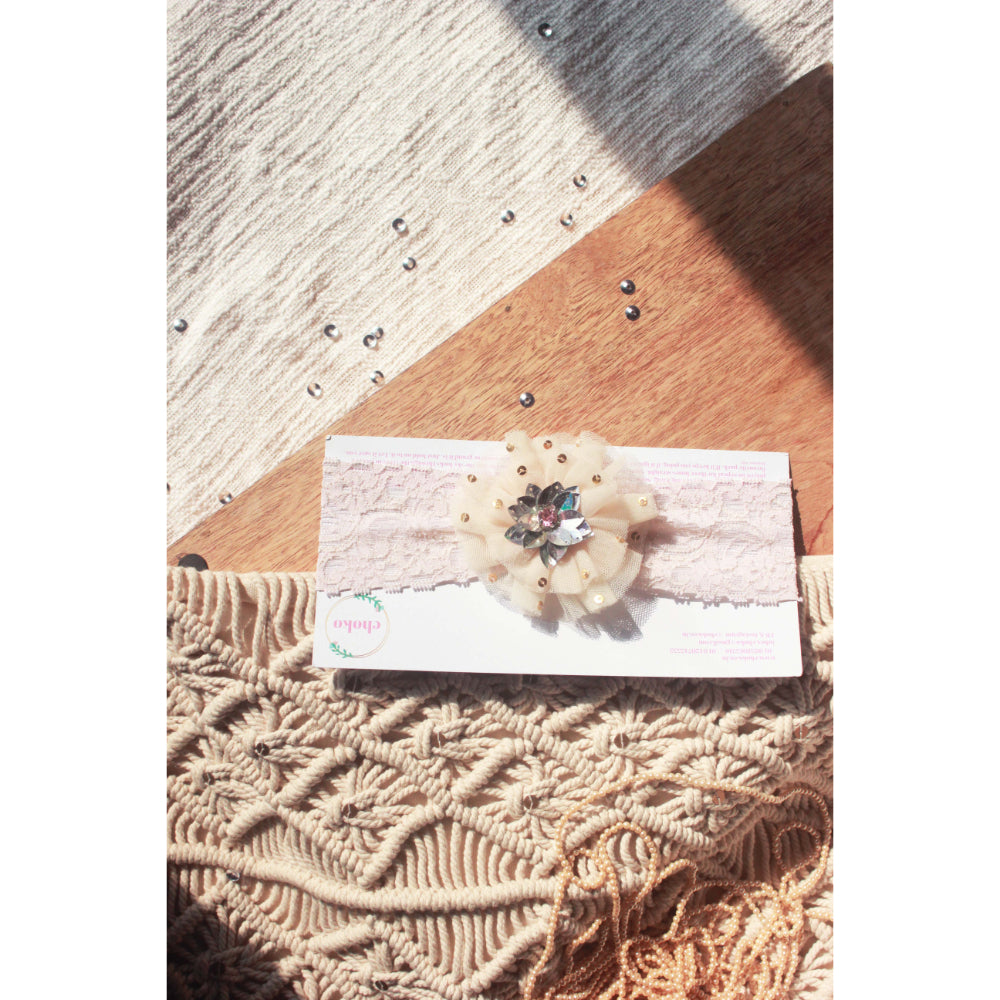 Blooming Flora Pale Cream Tulle And Lace Hair Band - Handmade