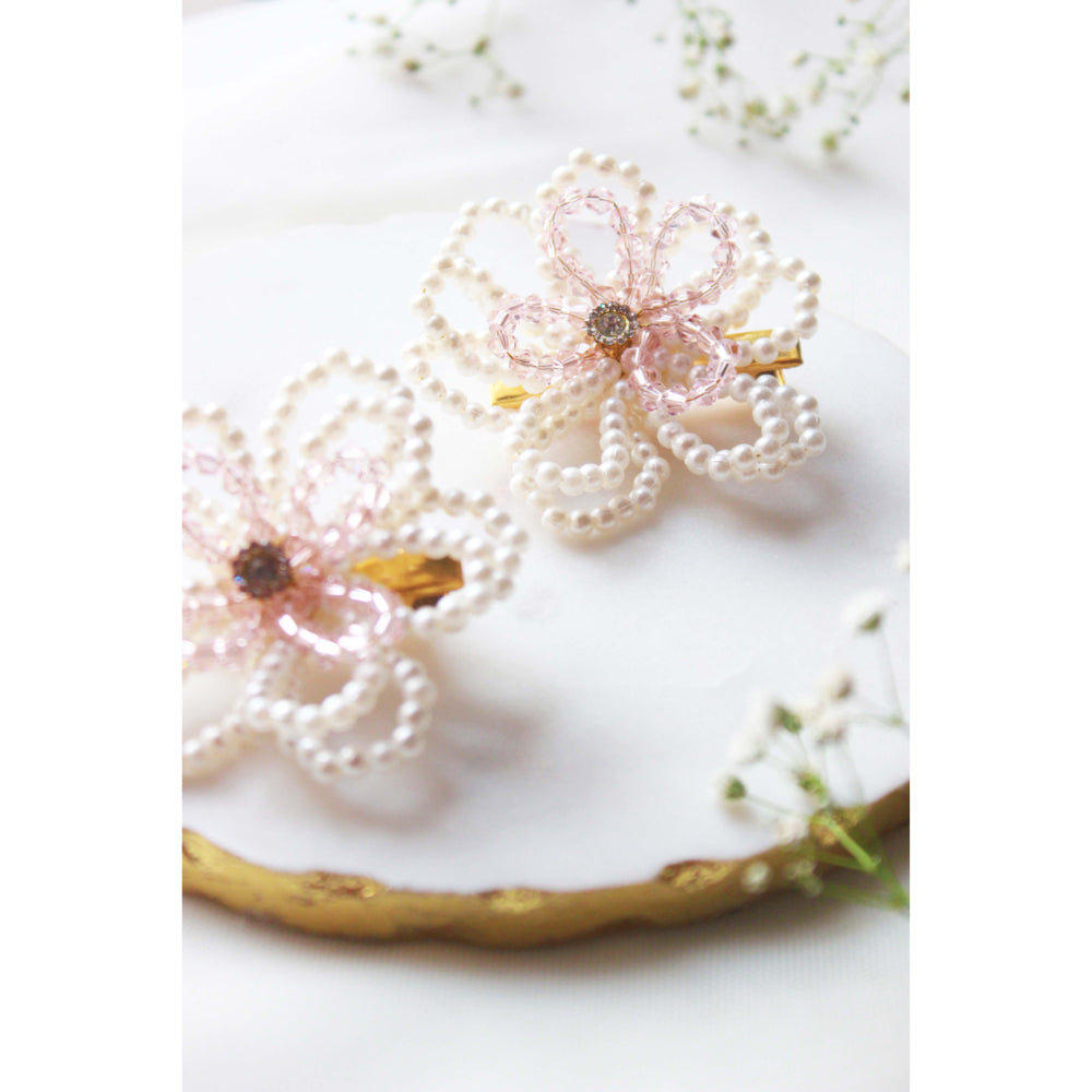 CHOKO Pair Of Crystal & Pearls Embellished Flower On Alligator Hair Clip - Off White & Pink