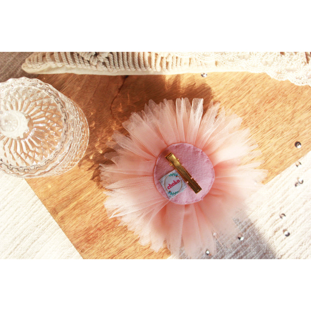 CHOKO Glamorous Dahlia Mesh Tulle Hair Clip with Pearls & Crystals - Pink, Blush and Cream