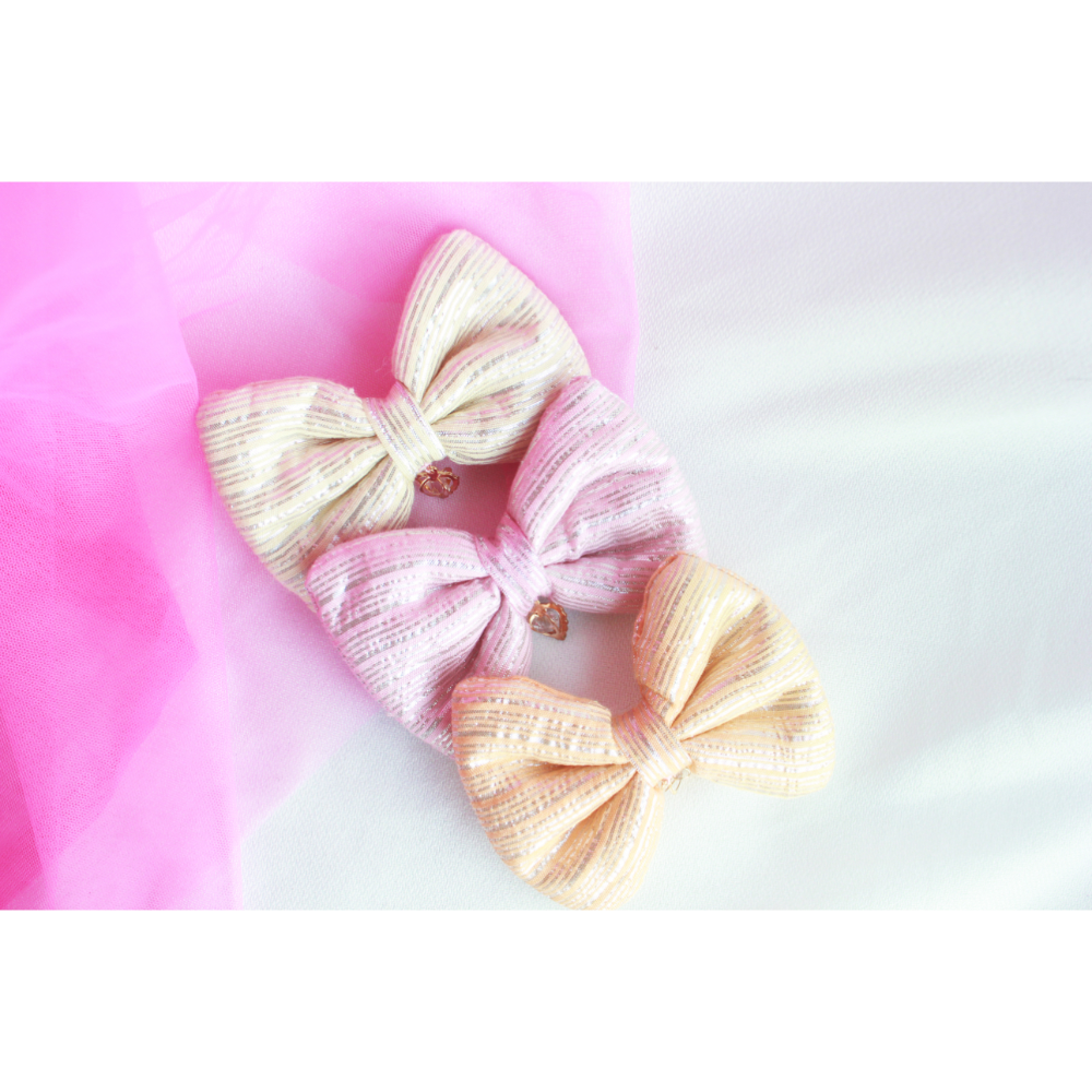 Set Of 3 Pastel Cotton Bow Clips With Heart Charms