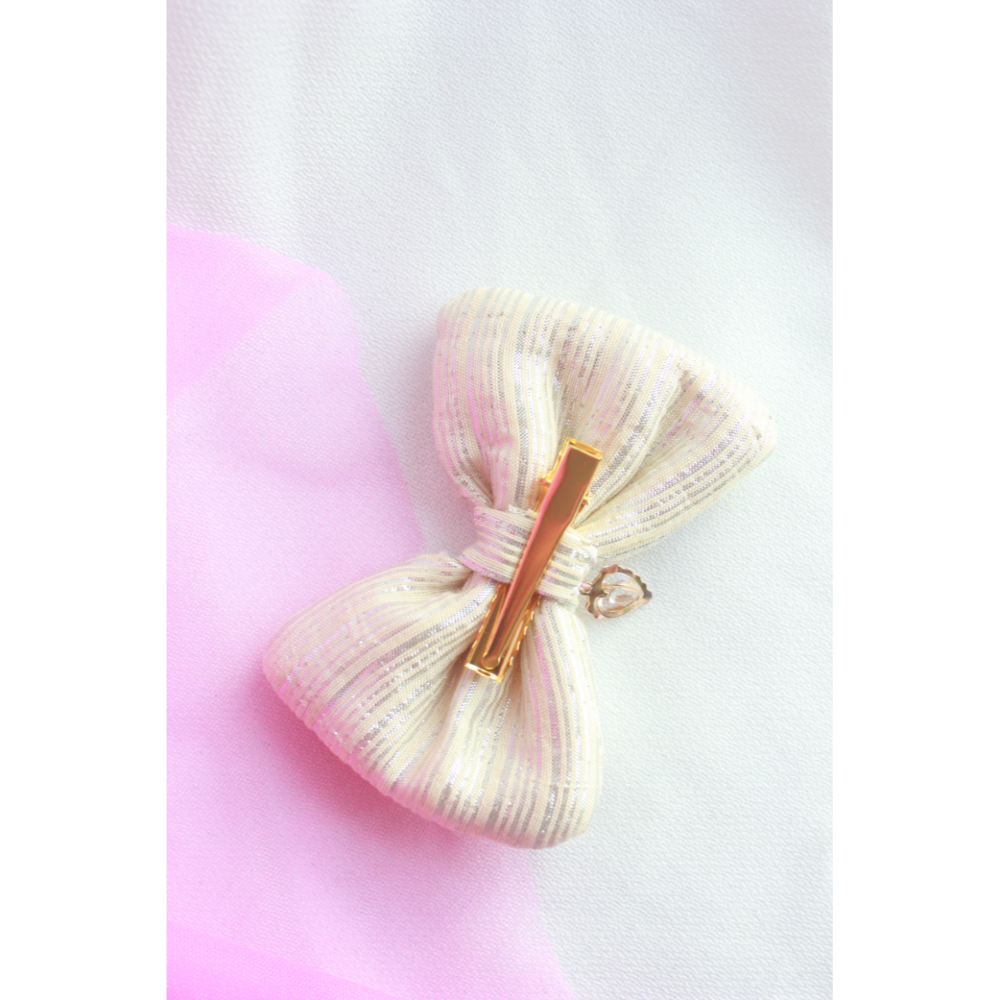 Set Of 3 Pastel Cotton Bow Clips With Heart Charms