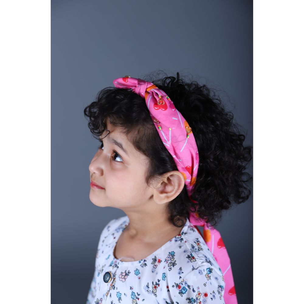 Pink Cotton Tiedown Printed Hairband With Acrylic Embellishments