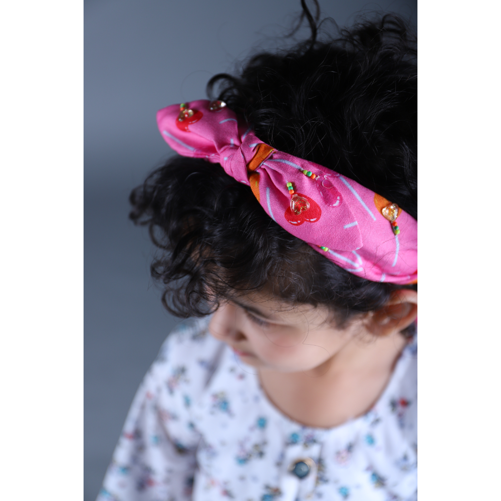 Pink Cotton Tiedown Printed Hairband With Acrylic Embellishments