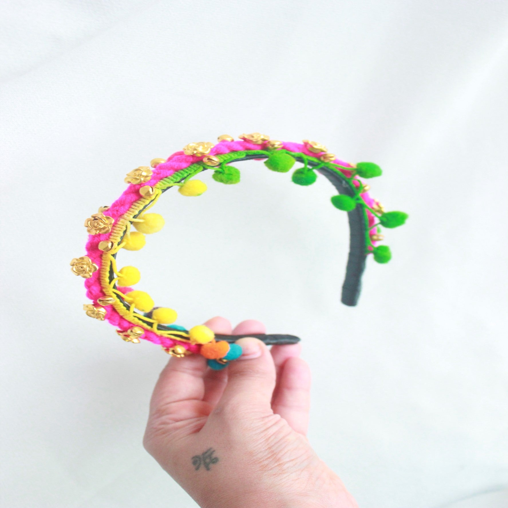 Handmade PomPom Hairband - Pink, Green, Yellow