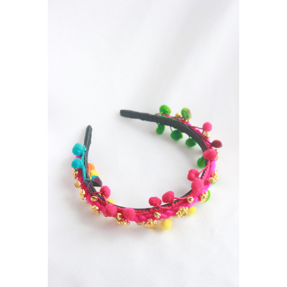 Handmade PomPom Hairband - Pink, Green, Yellow