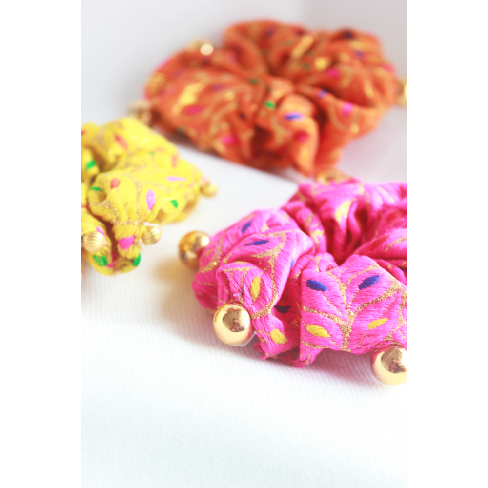 Set Of 3 Ethnic Print Scrunchies - Pink, Yellow, Orange