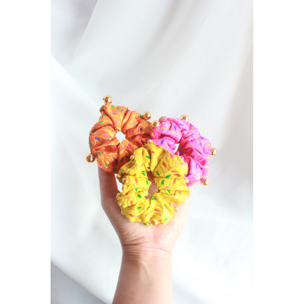 Set Of 3 Ethnic Print Scrunchies - Pink, Yellow, Orange