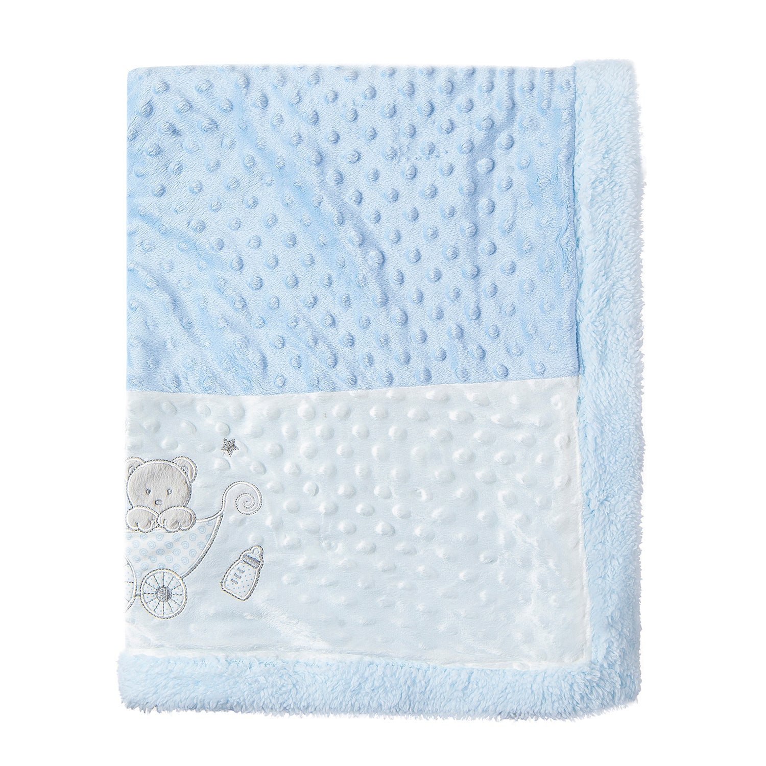 Baby Moo Baby Bear In Pram Soft Reversible Bubble Blanket Blue