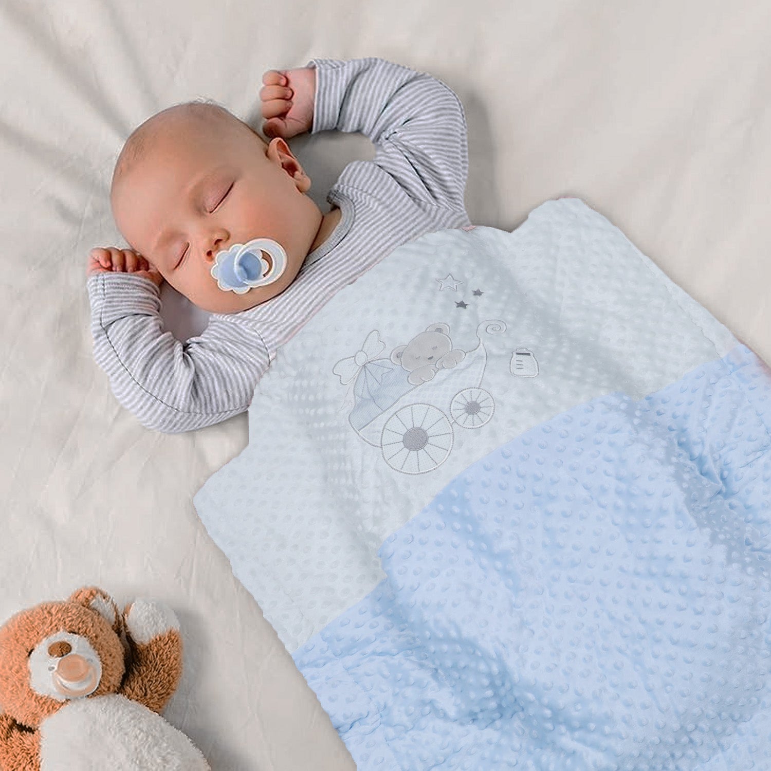 Baby Moo Bear In Pram Snuggly Bubble Blanket - Blue - Baby Moo