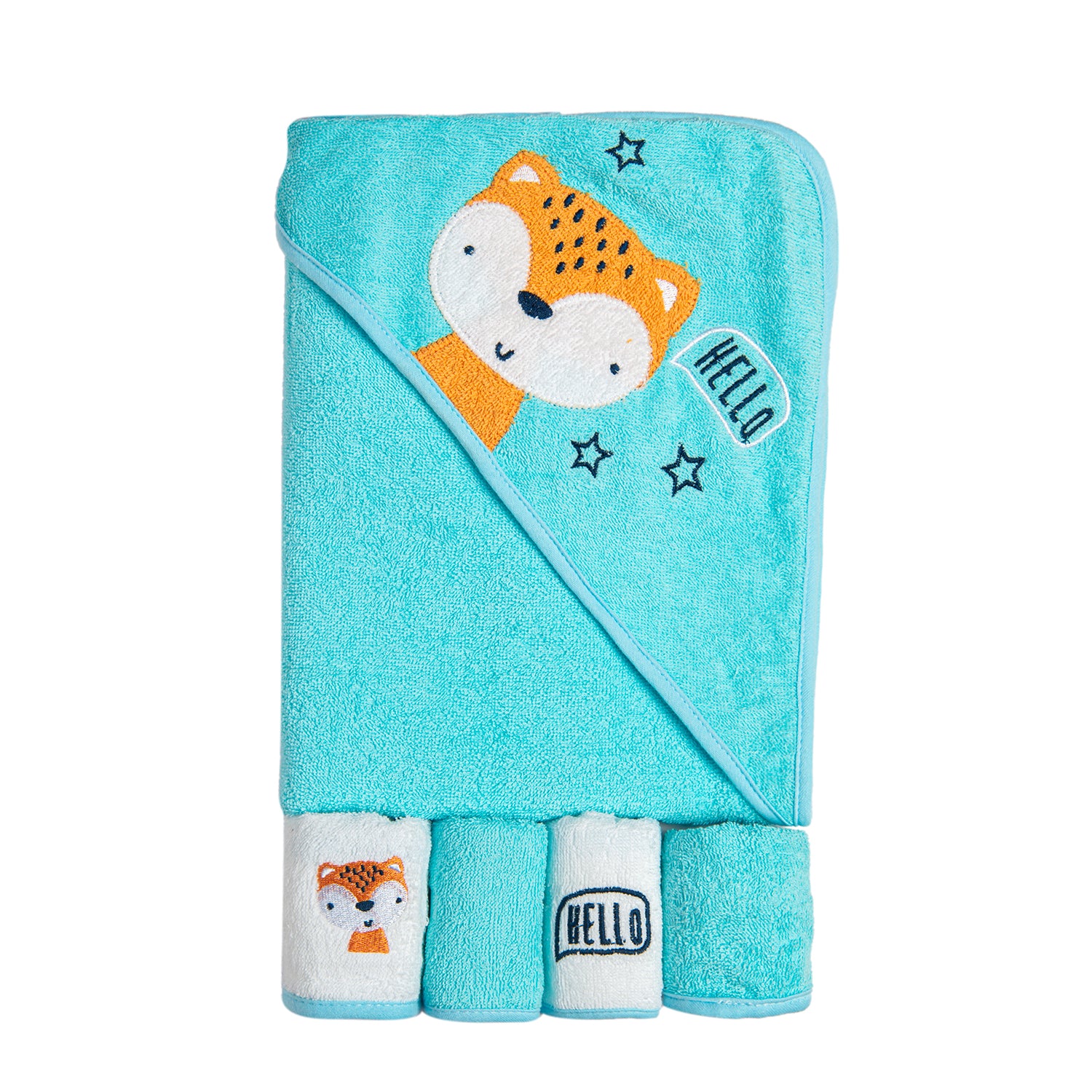 Baby Moo Hooded Towel And 4 Wash Cloth Gift Set Hello Fox Blue