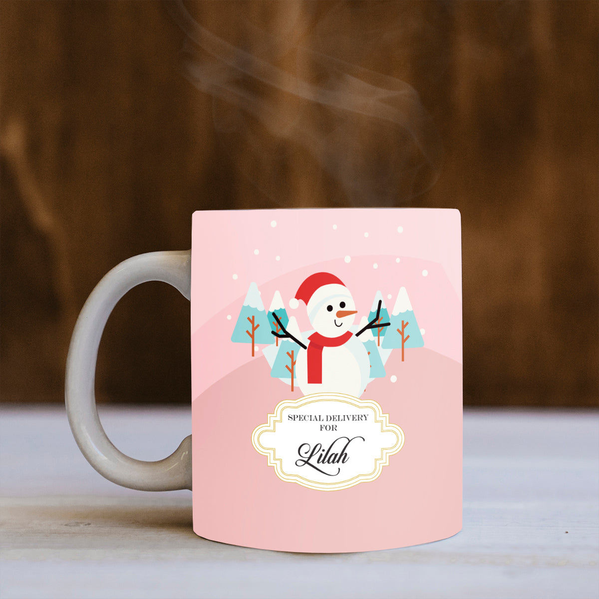 Personalised Merry Snowman Pink Mug