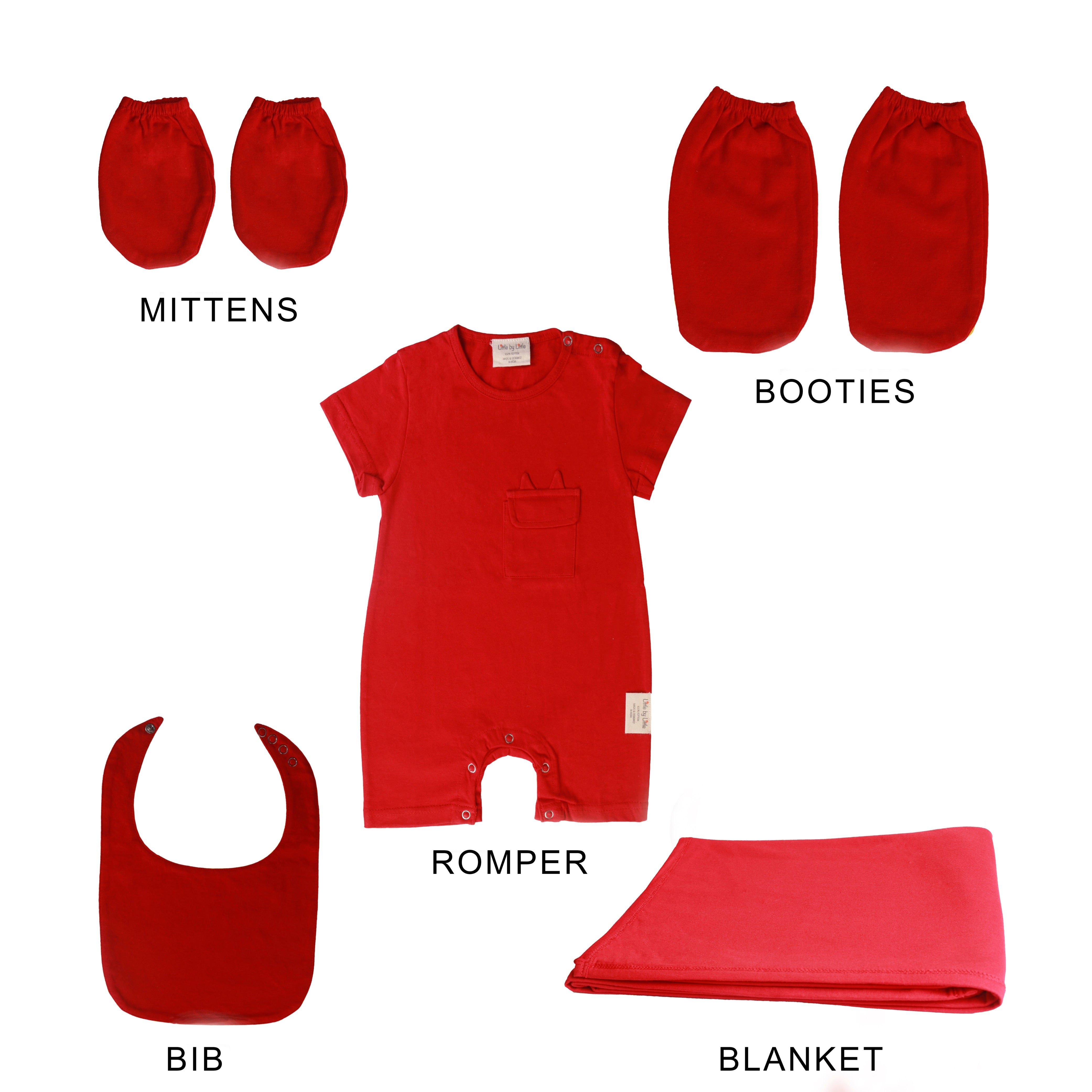 Little By Little 100% Anti Viral, Cotton, Reusable, Anti bacterial & Water Repellent Baby Set of Romper, Blanket, Bib, Booties, Mittens - Red