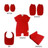 Little By Little 100% Anti Viral, Cotton, Reusable, Anti bacterial & Water Repellent Baby Set of Romper, Swaddle, Bib, Booties, Mittens - Red