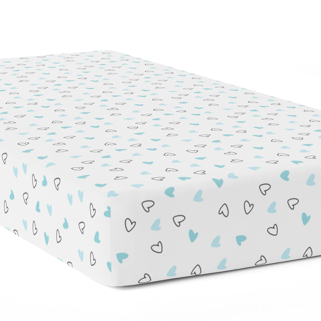 The White Cradle Pure Organic Cotton Fitted Cot Sheet for Baby Crib 24 x 48 inch - Blue Hearts (Medium)