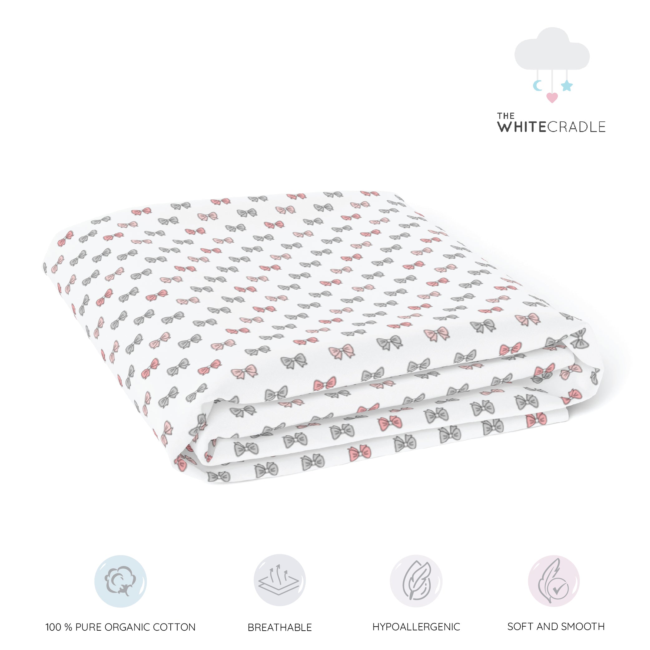 The White Cradle Pure Organic Cotton Fitted Cot Sheet for Baby Crib 28 x 52 inch - Pink Bows (Large)
